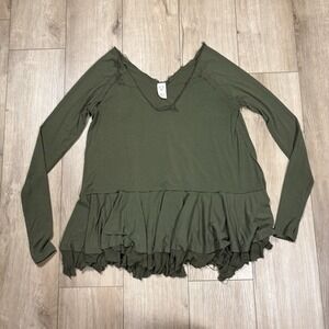 Free People We The Free The Tangerine Tee V-Neck Ribbed Top in Olive Green Small